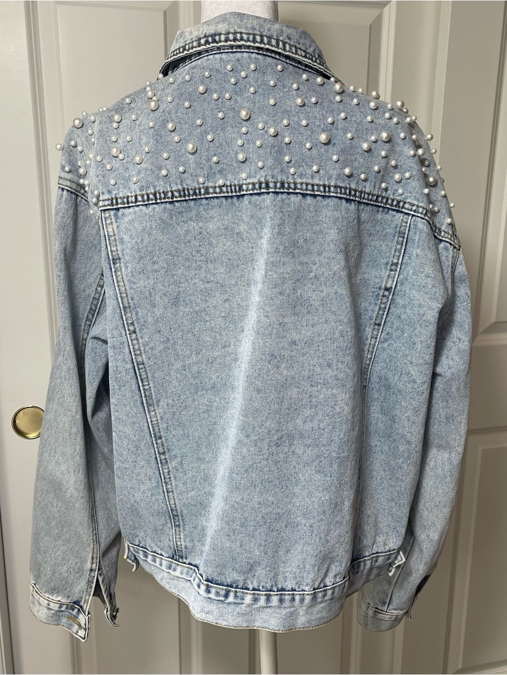 Denim Pearl Embellished Jean Jacket Chest Pockets Stone Washed Light Blue XL - Picture 7 of 13